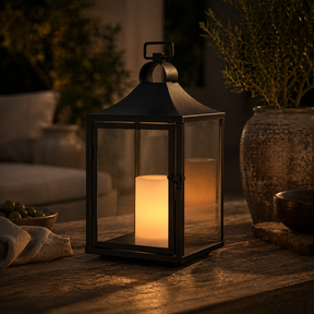 H14 Inch Classic Farmhouse Outdoor Solar Lantern with Flickering LED Candle Black Metal Decorative Lantern with Tempered Glass Hanging Lantern for Patio Porch Garden Table