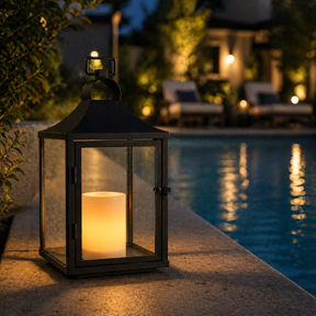 H14 Inch Classic Farmhouse Outdoor Solar Lantern with Flickering LED Candle Black Metal Decorative Lantern with Tempered Glass Hanging Lantern for Patio Porch Garden Table