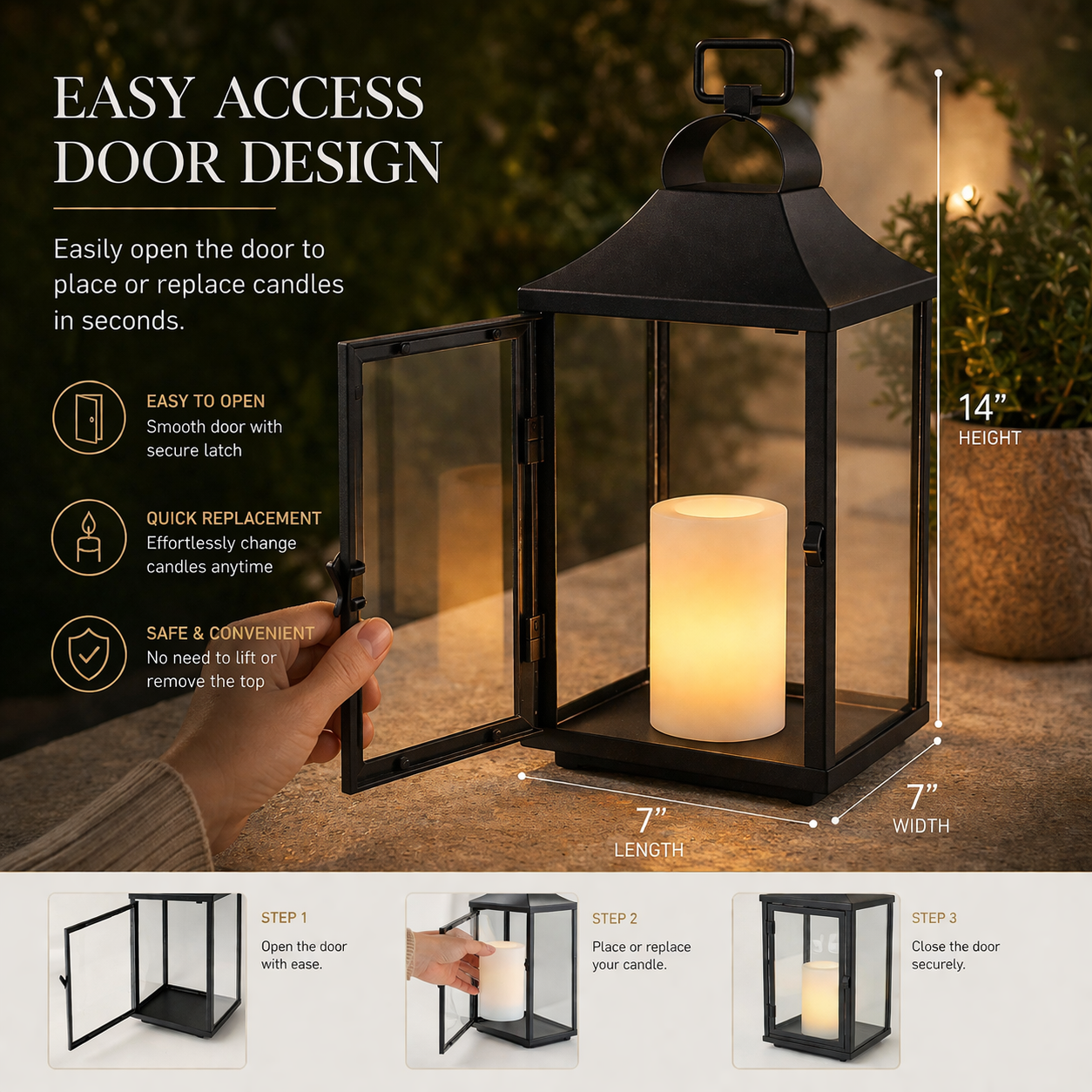 H14 Inch Classic Farmhouse Outdoor Solar Lantern with Flickering LED Candle Black Metal Decorative Lantern with Tempered Glass Hanging Lantern for Patio Porch Garden Table