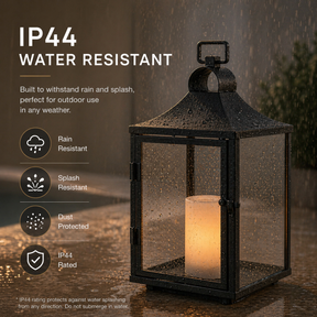H14 Inch Classic Farmhouse Outdoor Solar Lantern with Flickering LED Candle Black Metal Decorative Lantern with Tempered Glass Hanging Lantern for Patio Porch Garden Table