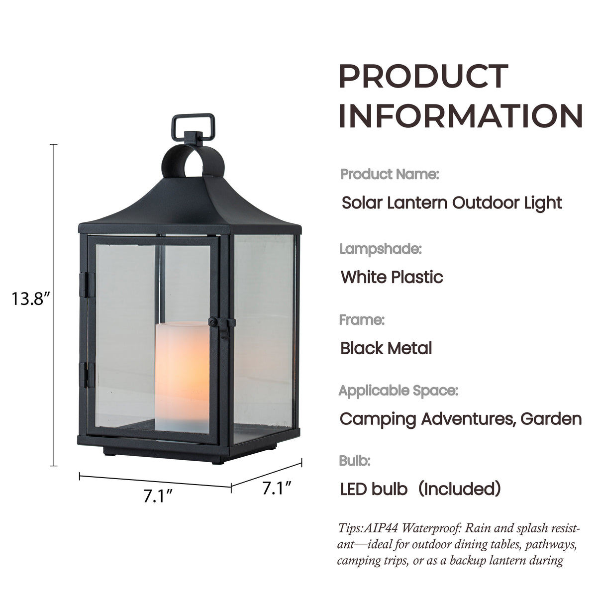 H14 Inch Classic Farmhouse Outdoor Solar Lantern with Flickering LED Candle Black Metal Decorative Lantern with Tempered Glass Hanging Lantern for Patio Porch Garden Table