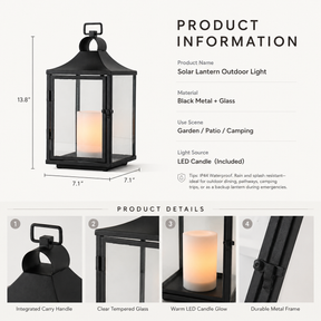 H14 Inch Classic Farmhouse Outdoor Solar Lantern with Flickering LED Candle Black Metal Decorative Lantern with Tempered Glass Hanging Lantern for Patio Porch Garden Table