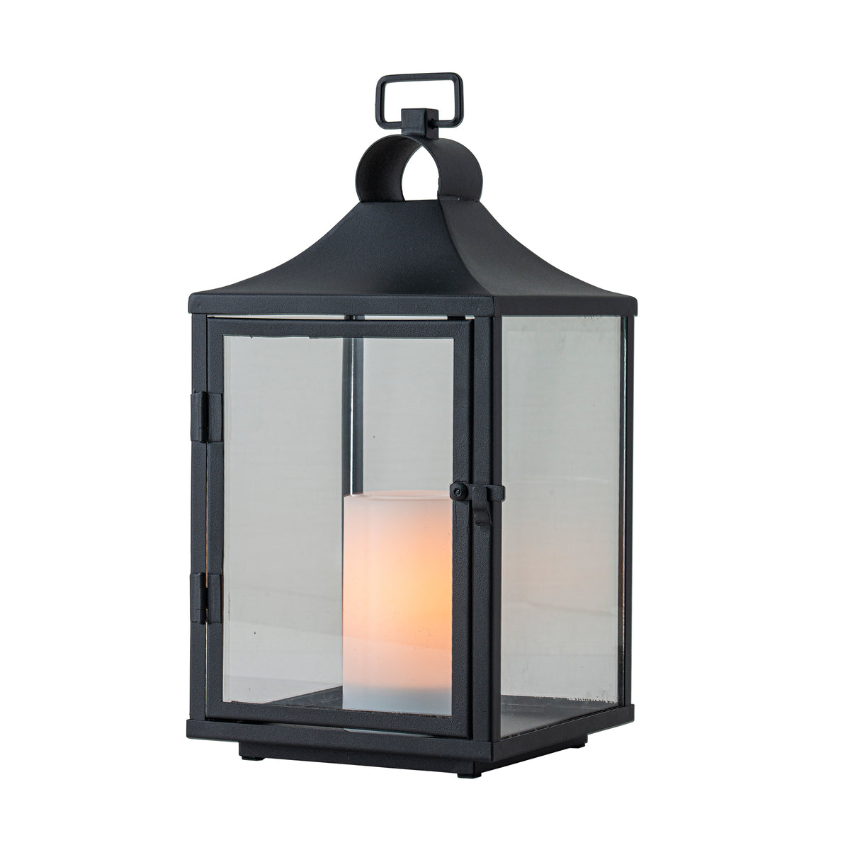 H14 Inch Classic Farmhouse Outdoor Solar Lantern with Flickering LED Candle Black Metal Decorative Lantern with Tempered Glass Hanging Lantern for Patio Porch Garden Table