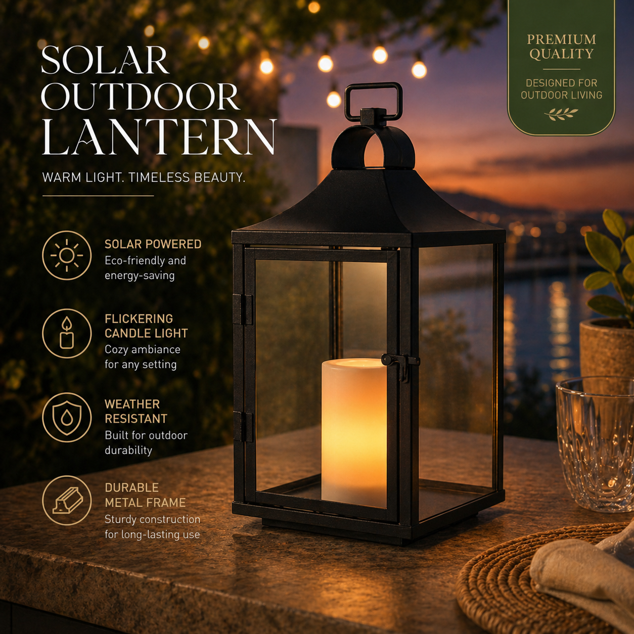 H14 Inch Classic Farmhouse Outdoor Solar Lantern with Flickering LED Candle Black Metal Decorative Lantern with Tempered Glass Hanging Lantern for Patio Porch Garden Table
