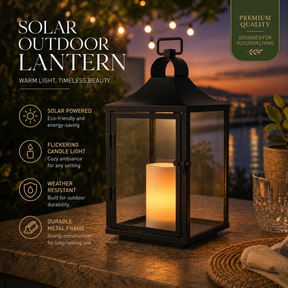 H14 Inch Classic Farmhouse Outdoor Solar Lantern with Flickering LED Candle Black Metal Decorative Lantern with Tempered Glass Hanging Lantern for Patio Porch Garden Table