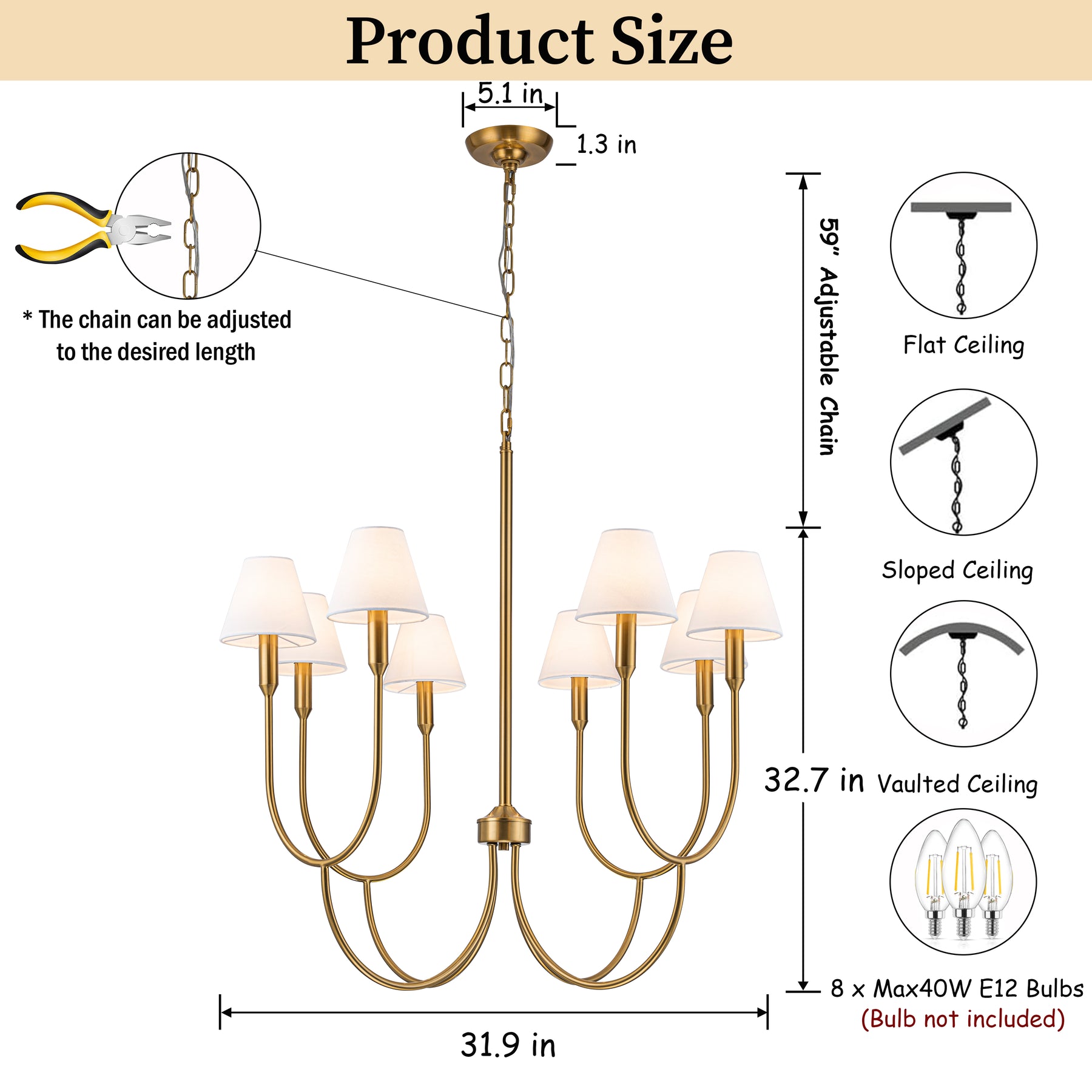 8-Light 32-Inch Mid-century Modern Satin Brass Large Chandelier with White Linen Fabric Shades For Dining Room or Foyers
