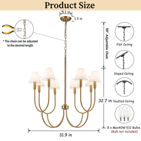 8-Light 32-Inch Mid-century Modern Satin Brass Large Chandelier with White Linen Fabric Shades For Dining Room or Foyers