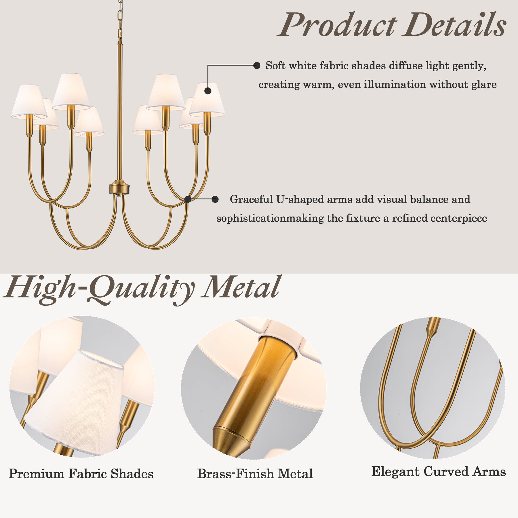 8-Light 32-Inch Mid-century Modern Satin Brass Large Chandelier with White Linen Fabric Shades For Dining Room or Foyers