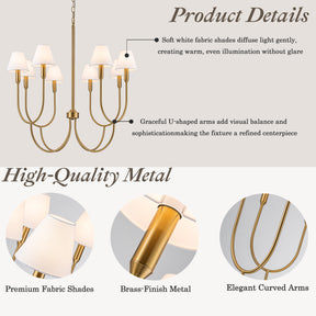8-Light 32-Inch Mid-century Modern Satin Brass Large Chandelier with White Linen Fabric Shades For Dining Room or Foyers