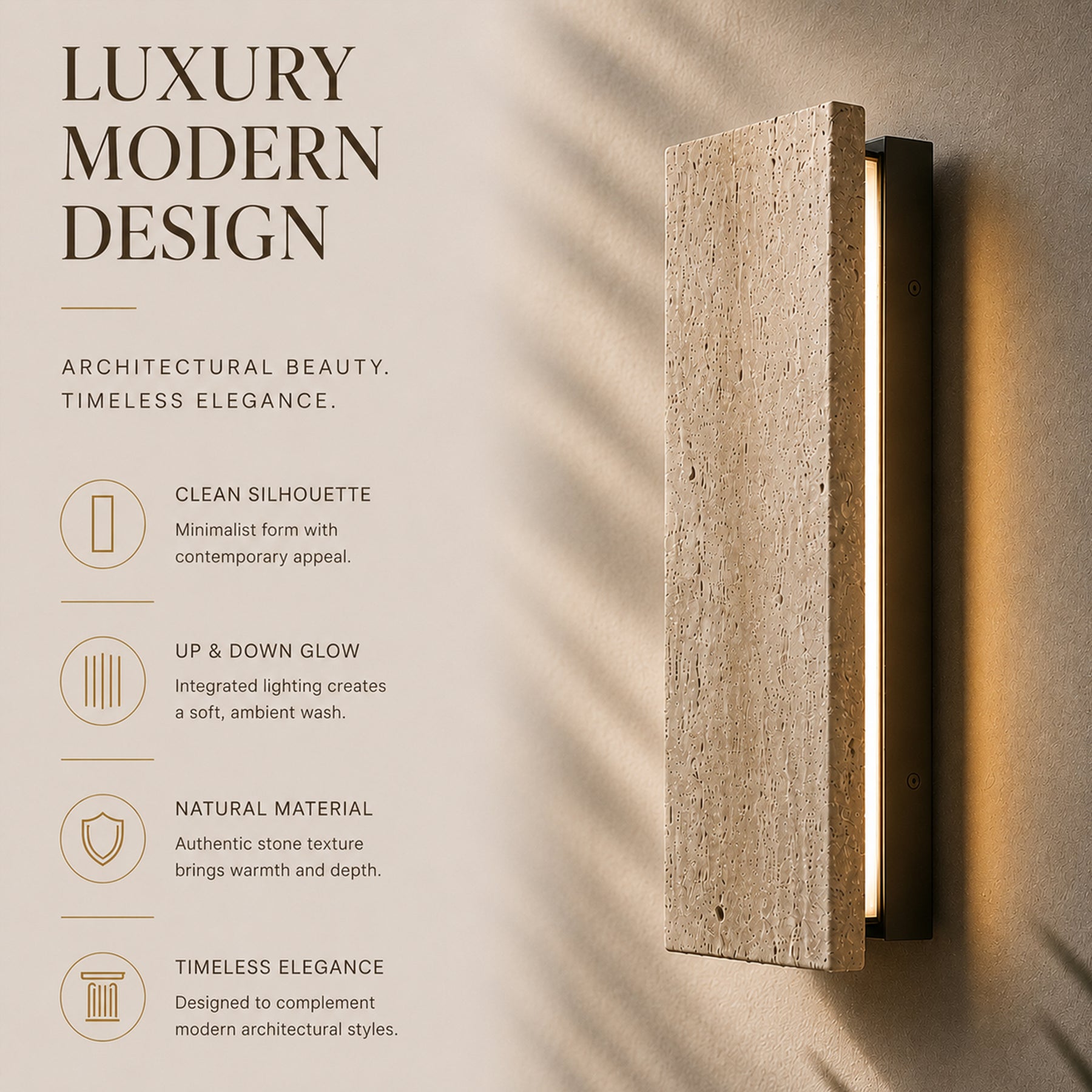 Modern Outdoor Wall Sconce 20" Architectural Exterior Light Fixture Integrated 8W LED IP65 Waterproof Up & Down Lighting Travertine-Inspired Design for House Patio & Entryway