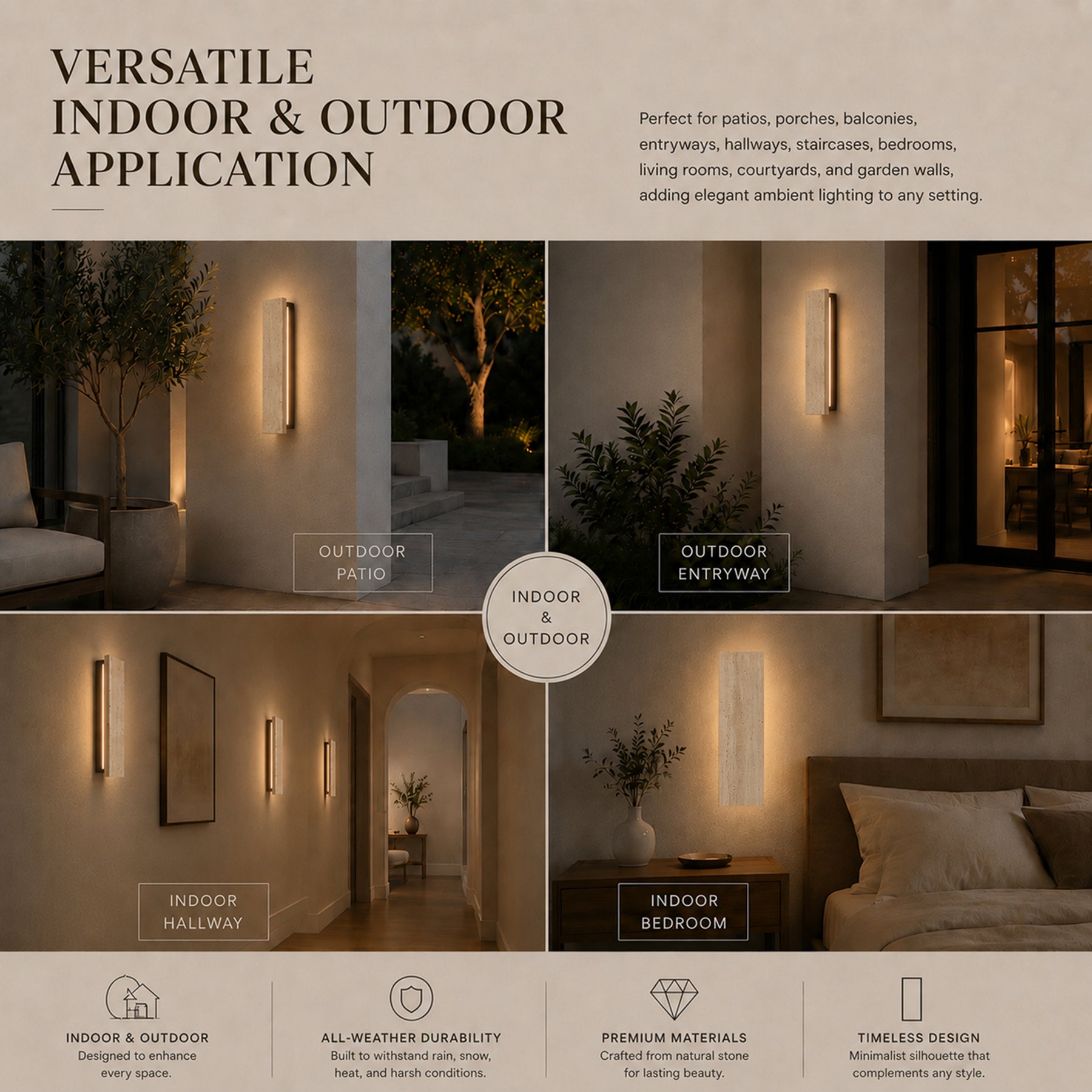 Modern Outdoor Wall Sconce 20" Architectural Exterior Light Fixture Integrated 8W LED IP65 Waterproof Up & Down Lighting Travertine-Inspired Design for House Patio & Entryway