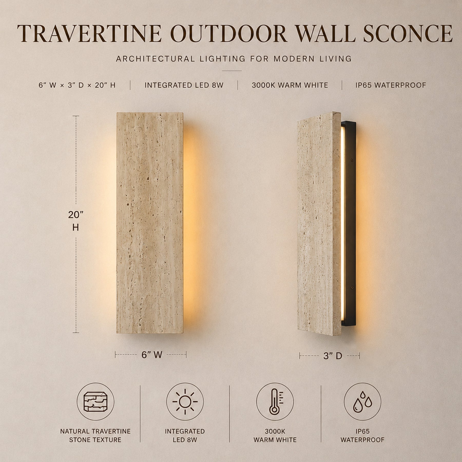 Modern Outdoor Wall Sconce 20" Architectural Exterior Light Fixture Integrated 8W LED IP65 Waterproof Up & Down Lighting Travertine-Inspired Design for House Patio & Entryway