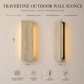 Modern Outdoor Wall Sconce 20" Architectural Exterior Light Fixture Integrated 8W LED IP65 Waterproof Up & Down Lighting Travertine-Inspired Design for House Patio & Entryway