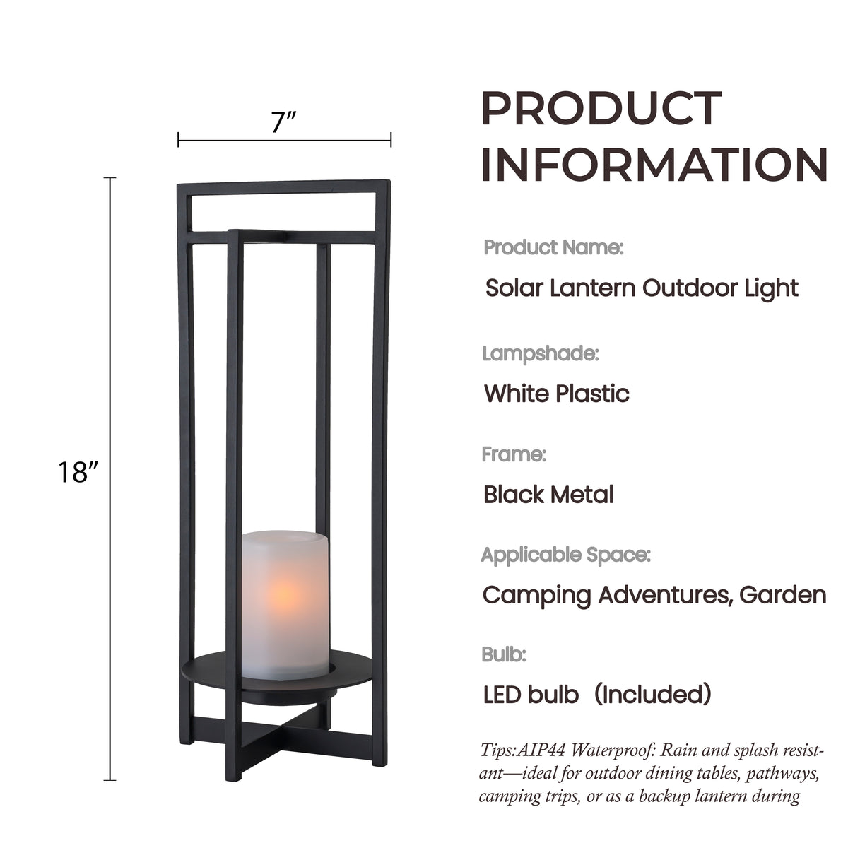 H18" Solar Outdoor Lantern with Flickering LED Candle and Automatic Dusk-to-Dawn Light Black Metal Frame