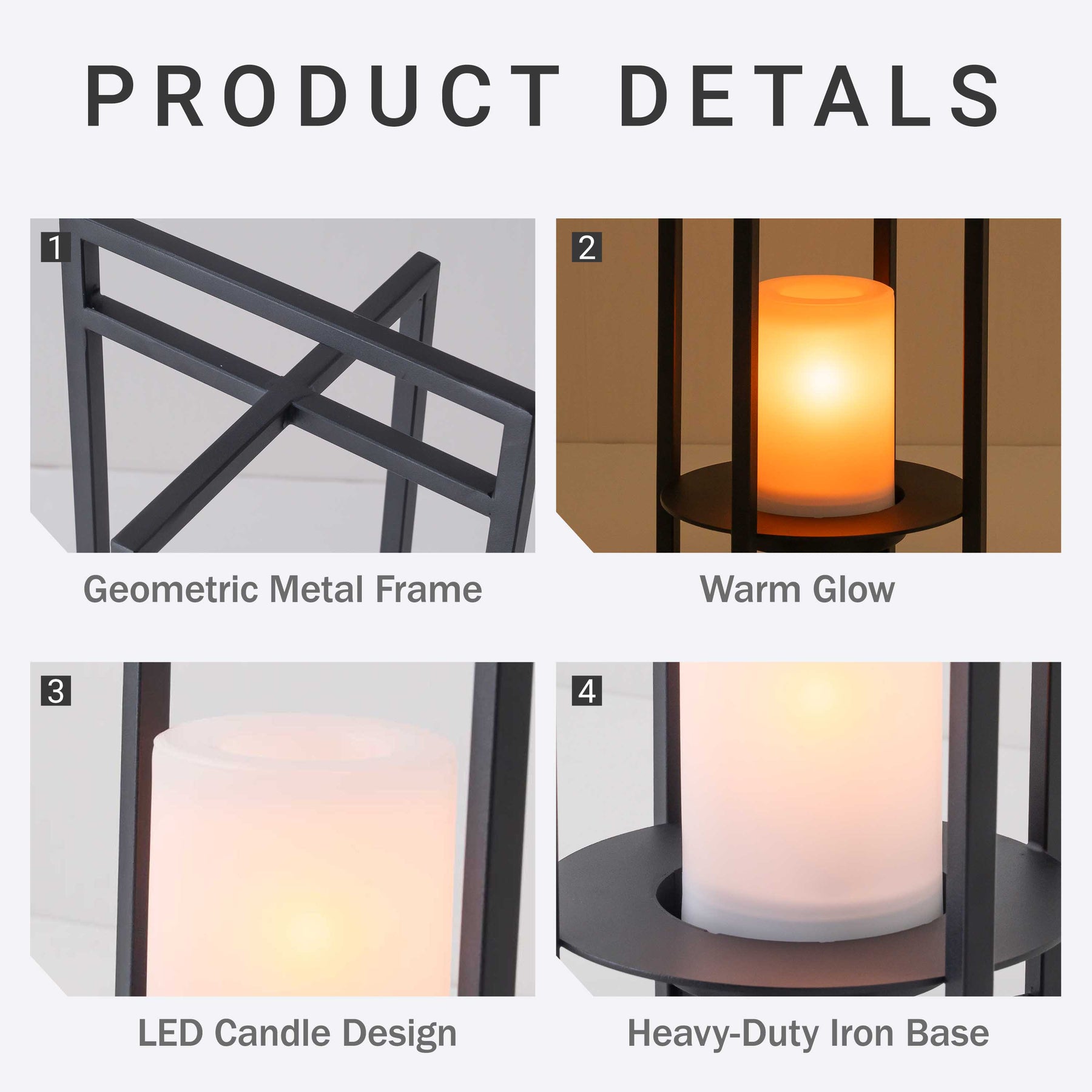 H18" Solar Outdoor Lantern with Flickering LED Candle and Automatic Dusk-to-Dawn Light Black Metal Frame