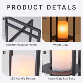 H18" Solar Outdoor Lantern with Flickering LED Candle and Automatic Dusk-to-Dawn Light Black Metal Frame