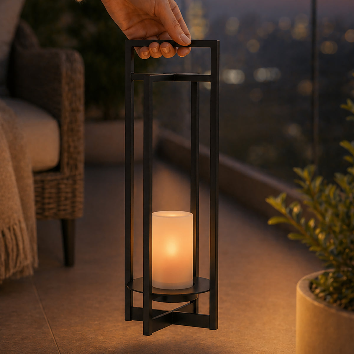 H24" Solar-Powered Outdoor Lantern with Flickering LED Candle Automatic Dusk-to-Dawn Light Weather-Resistant Black Metal Frame