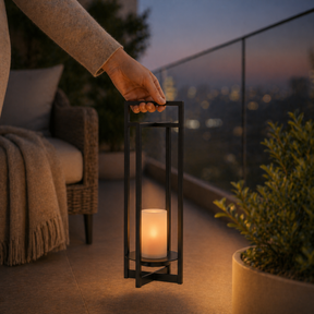 H24" Solar-Powered Outdoor Lantern with Flickering LED Candle Automatic Dusk-to-Dawn Light Weather-Resistant Black Metal Frame