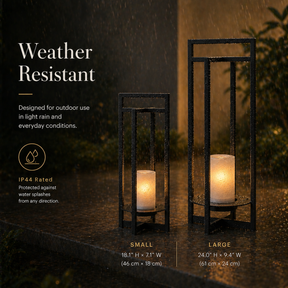 H18" Solar Outdoor Lantern with Flickering LED Candle and Automatic Dusk-to-Dawn Light Black Metal Frame