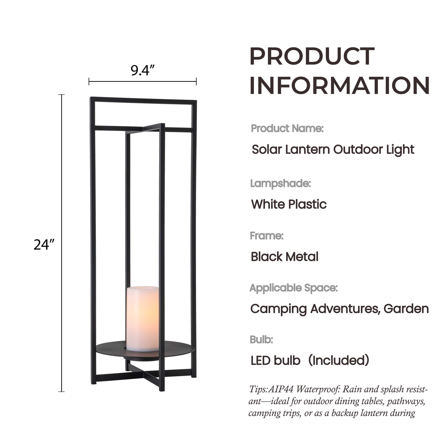 H24" Solar-Powered Outdoor Lantern with Flickering LED Candle Automatic Dusk-to-Dawn Light Weather-Resistant Black Metal Frame