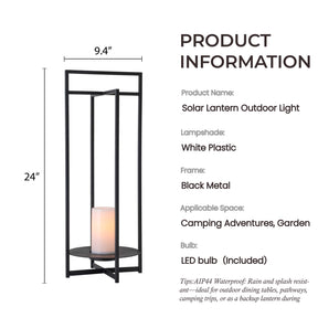 H24" Solar-Powered Outdoor Lantern with Flickering LED Candle Automatic Dusk-to-Dawn Light Weather-Resistant Black Metal Frame