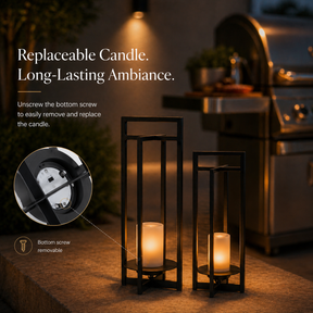 H18" Solar Outdoor Lantern with Flickering LED Candle and Automatic Dusk-to-Dawn Light Black Metal Frame