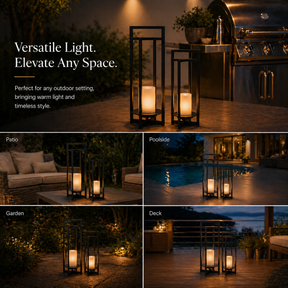 H18" Solar Outdoor Lantern with Flickering LED Candle and Automatic Dusk-to-Dawn Light Black Metal Frame