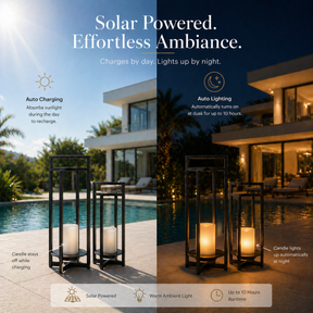 H18" Solar Outdoor Lantern with Flickering LED Candle and Automatic Dusk-to-Dawn Light Black Metal Frame