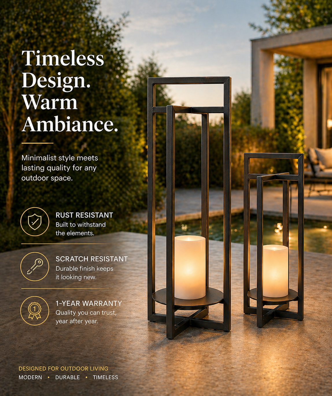 H18" Solar Outdoor Lantern with Flickering LED Candle and Automatic Dusk-to-Dawn Light Black Metal Frame