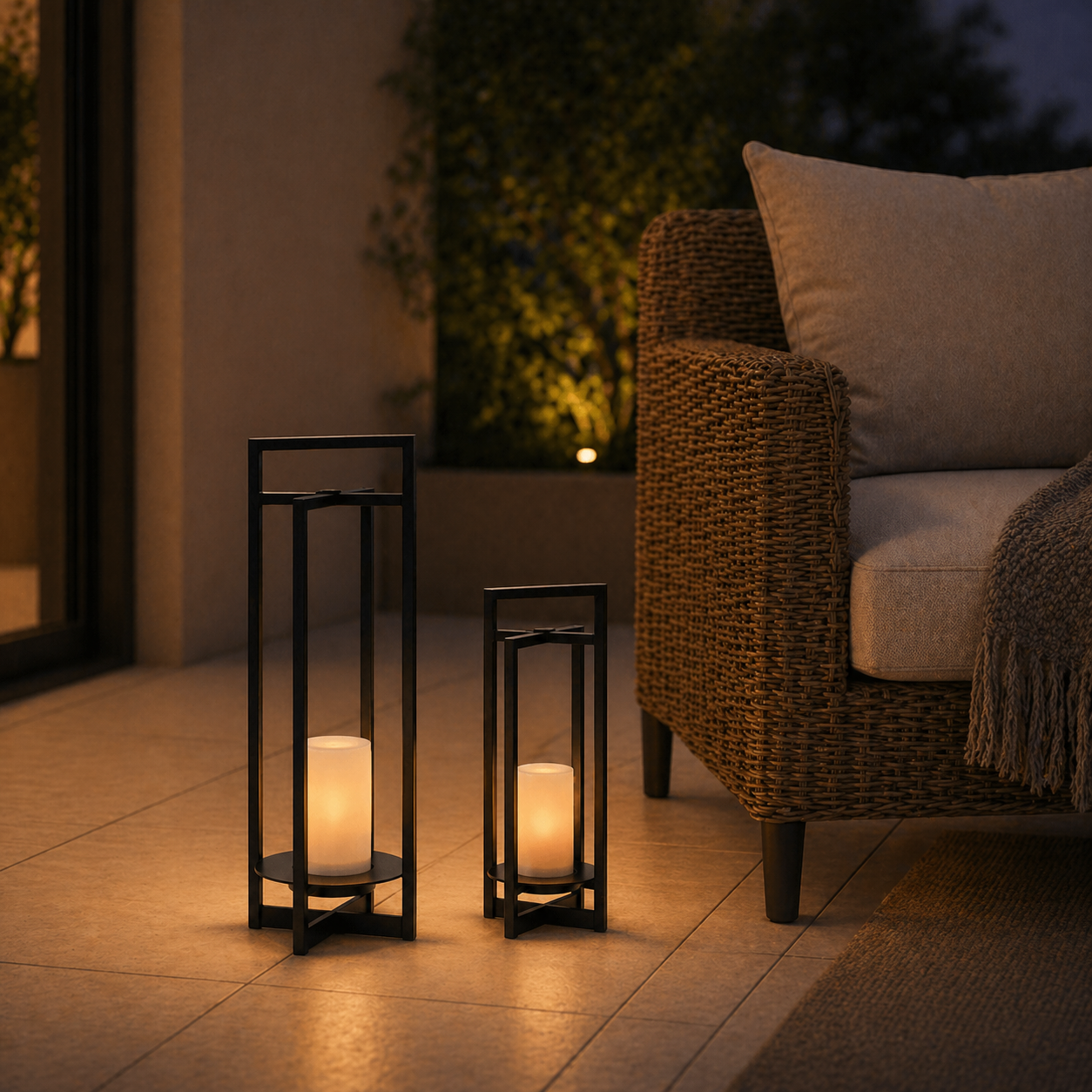 H18" Solar Outdoor Lantern with Flickering LED Candle and Automatic Dusk-to-Dawn Light Black Metal Frame