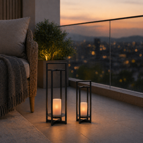 H18" Solar Outdoor Lantern with Flickering LED Candle and Automatic Dusk-to-Dawn Light Black Metal Frame