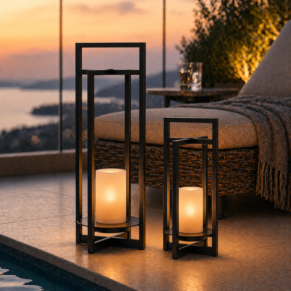 H18" Solar Outdoor Lantern with Flickering LED Candle and Automatic Dusk-to-Dawn Light Black Metal Frame