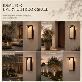 Modern Architectural Outdoor Wall Sconce H15" LED Exterior Wall Light with Travertine Stone Accent Panel 14W Integrated LED Warm Lighting Waterproof Contemporary Up & Down Design for Luxury Home Exterior