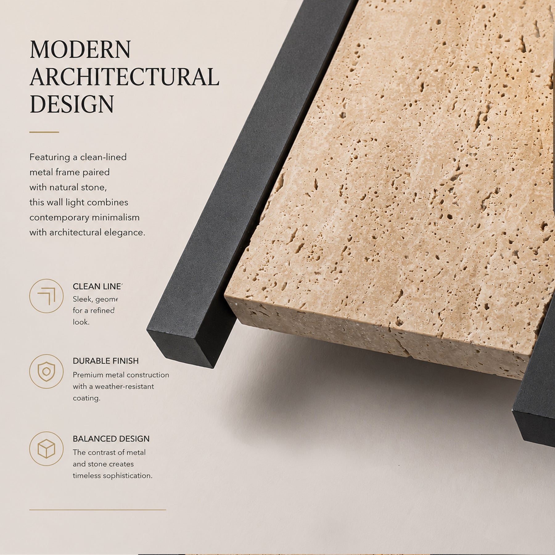 Modern Architectural Outdoor Wall Sconce H15" LED Exterior Wall Light with Travertine Stone Accent Panel 14W Integrated LED Warm Lighting Waterproof Contemporary Up & Down Design for Luxury Home Exterior