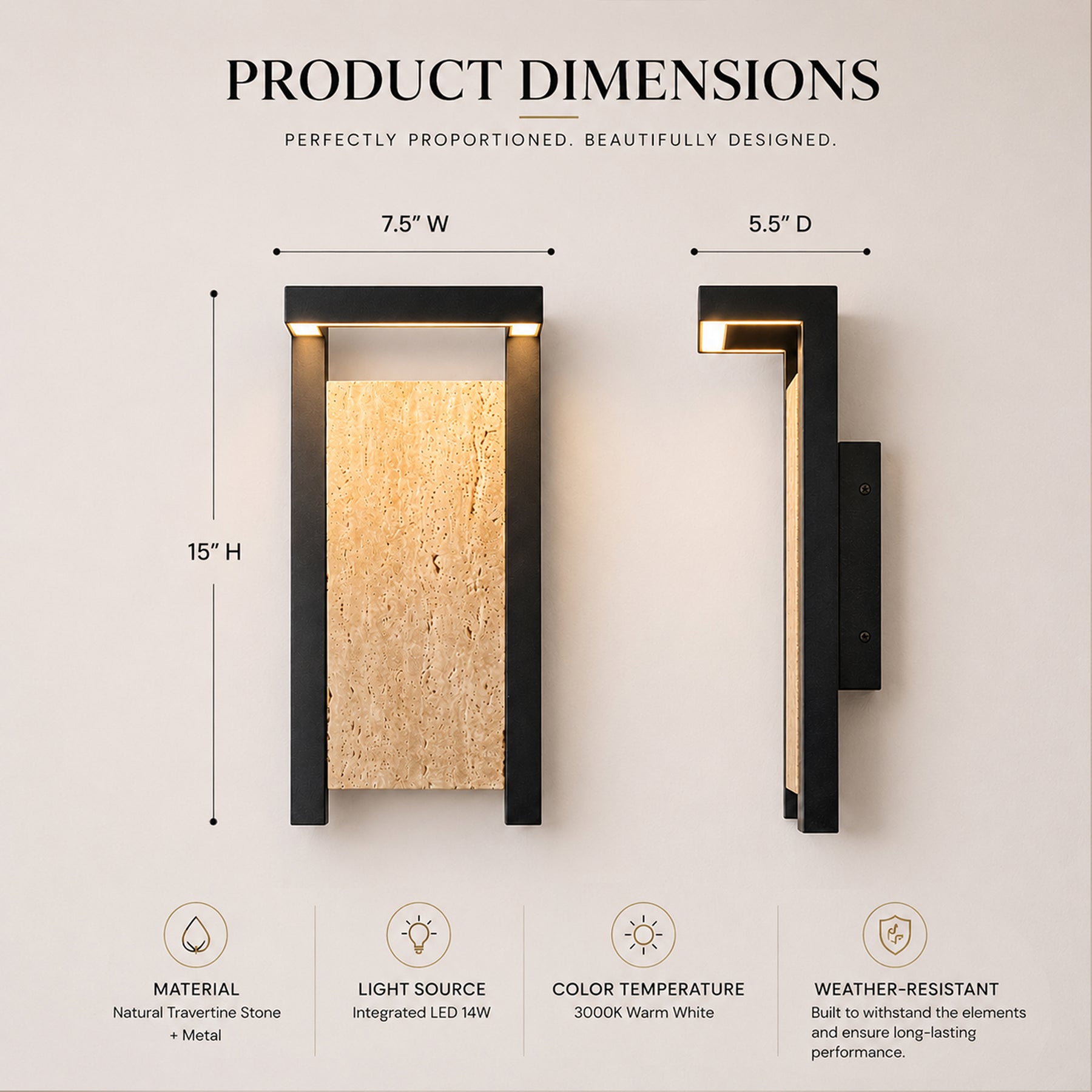 Modern Architectural Outdoor Wall Sconce H15" LED Exterior Wall Light with Travertine Stone Accent Panel 14W Integrated LED Warm Lighting Waterproof Contemporary Up & Down Design for Luxury Home Exterior