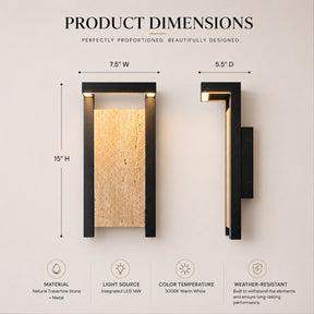 Modern Architectural Outdoor Wall Sconce H15" LED Exterior Wall Light with Travertine Stone Accent Panel 14W Integrated LED Warm Lighting Waterproof Contemporary Up & Down Design for Luxury Home Exterior