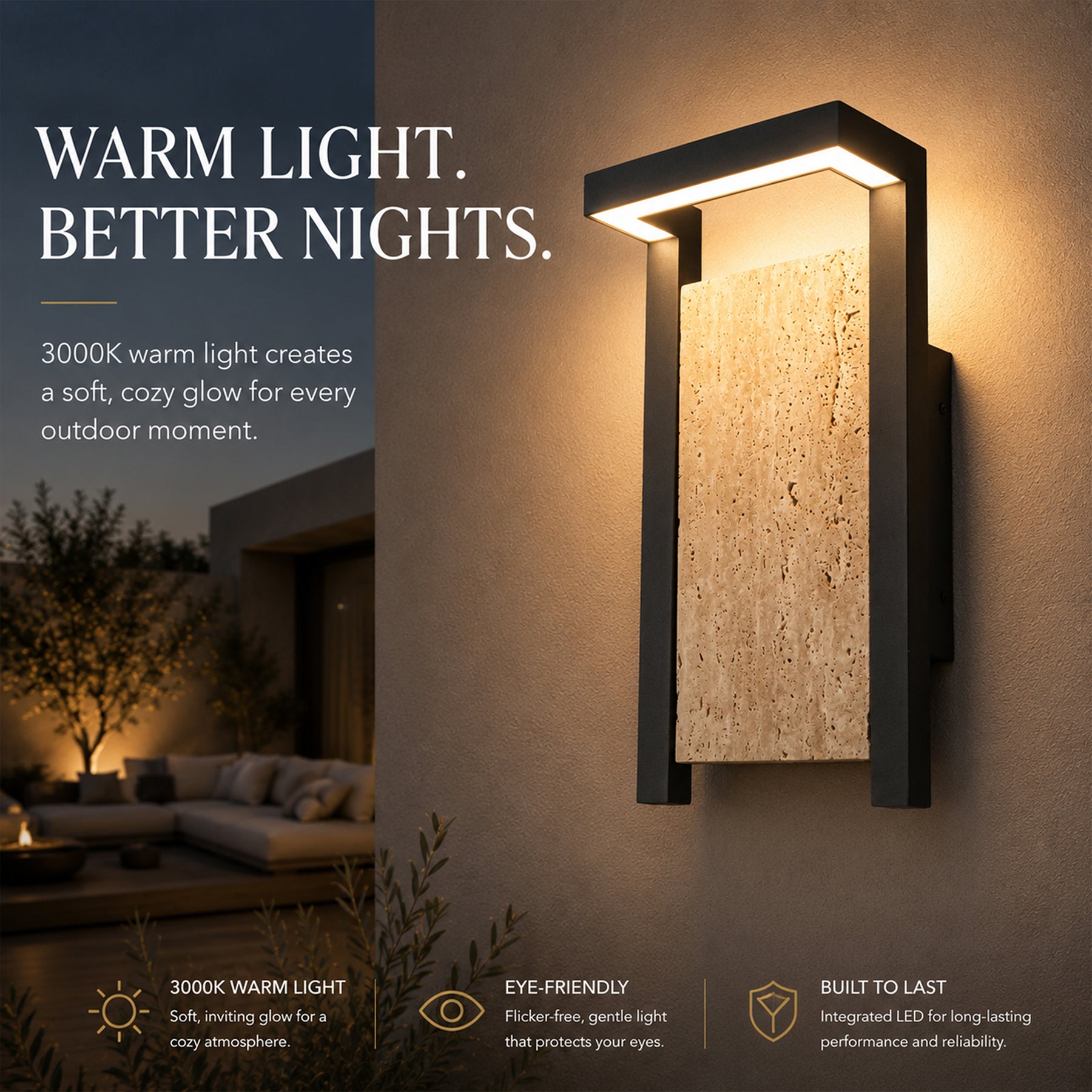 Modern Architectural Outdoor Wall Sconce H15" LED Exterior Wall Light with Travertine Stone Accent Panel 14W Integrated LED Warm Lighting Waterproof Contemporary Up & Down Design for Luxury Home Exterior