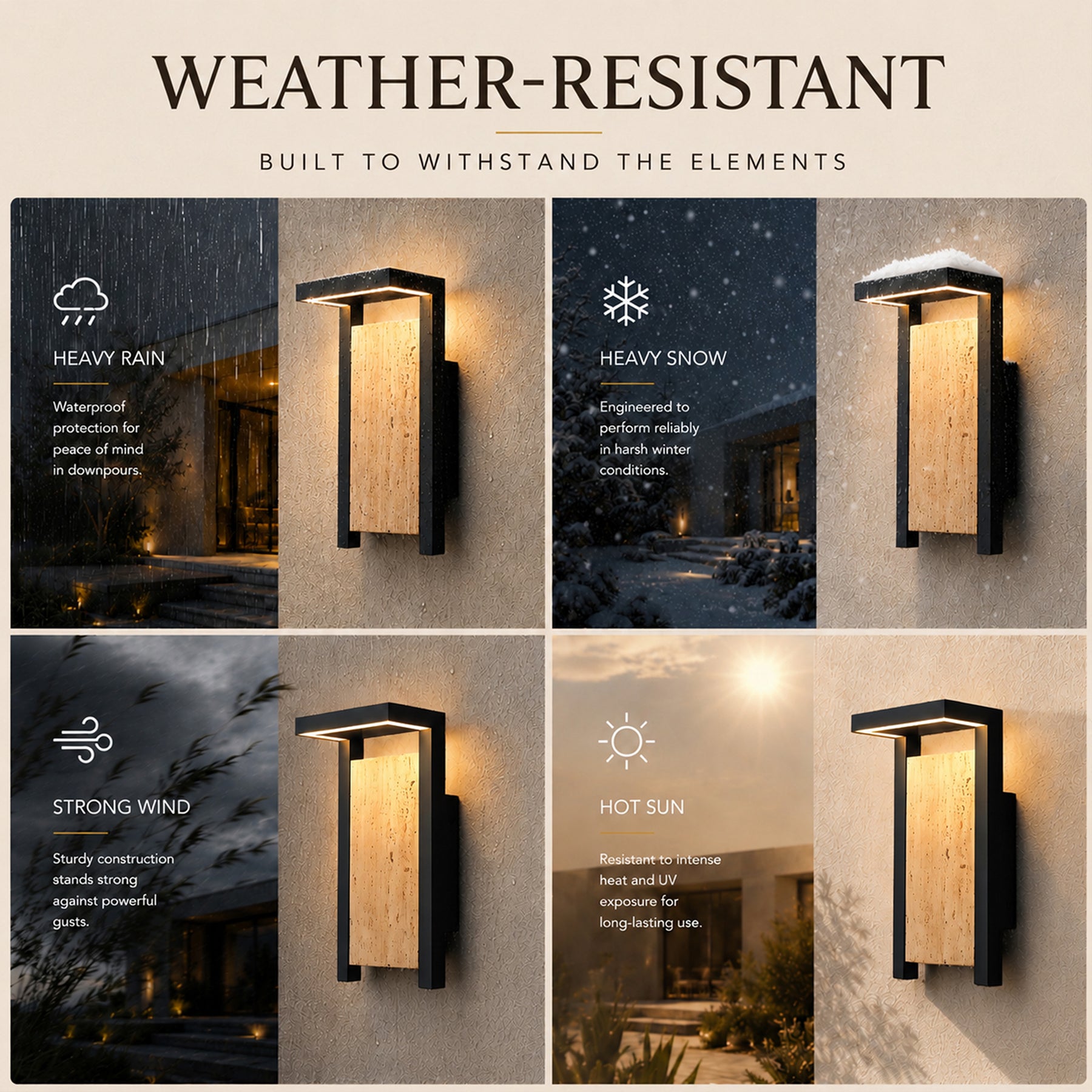 Modern Architectural Outdoor Wall Sconce H15" LED Exterior Wall Light with Travertine Stone Accent Panel 14W Integrated LED Warm Lighting Waterproof Contemporary Up & Down Design for Luxury Home Exterior
