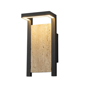 Modern Architectural Outdoor Wall Sconce H15" LED Exterior Wall Light with Travertine Stone Accent Panel 14W Integrated LED Warm Lighting Waterproof Contemporary Up & Down Design for Luxury Home Exterior