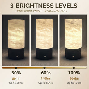Natural Spanish Alabaster Cordless Rechargeable Table Lamp with 3-Level Dimmable Flicker-Free LED and Long-Lasting Battery Bedside Lamp