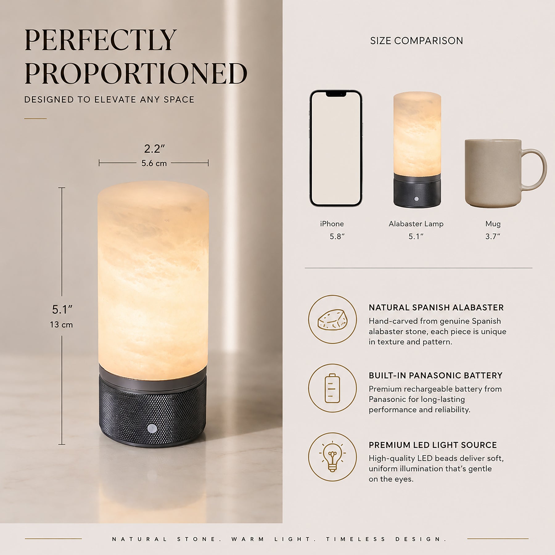 Natural Spanish Alabaster Cordless Rechargeable Table Lamp with 3-Level Dimmable Flicker-Free LED and Long-Lasting Battery Bedside Lamp