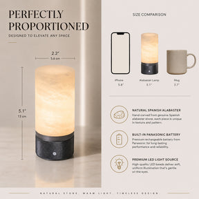 Natural Spanish Alabaster Cordless Rechargeable Table Lamp with 3-Level Dimmable Flicker-Free LED and Long-Lasting Battery Bedside Lamp