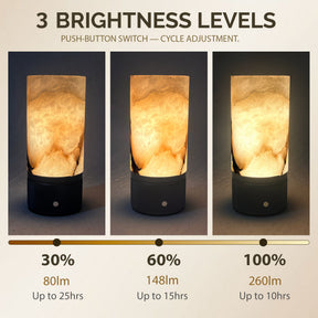 Natural Spanish Alabaster Cordless Rechargeable Table Lamp with 3-Level Dimmable Flicker-Free LED and Long-Lasting Battery Bedside Lamp