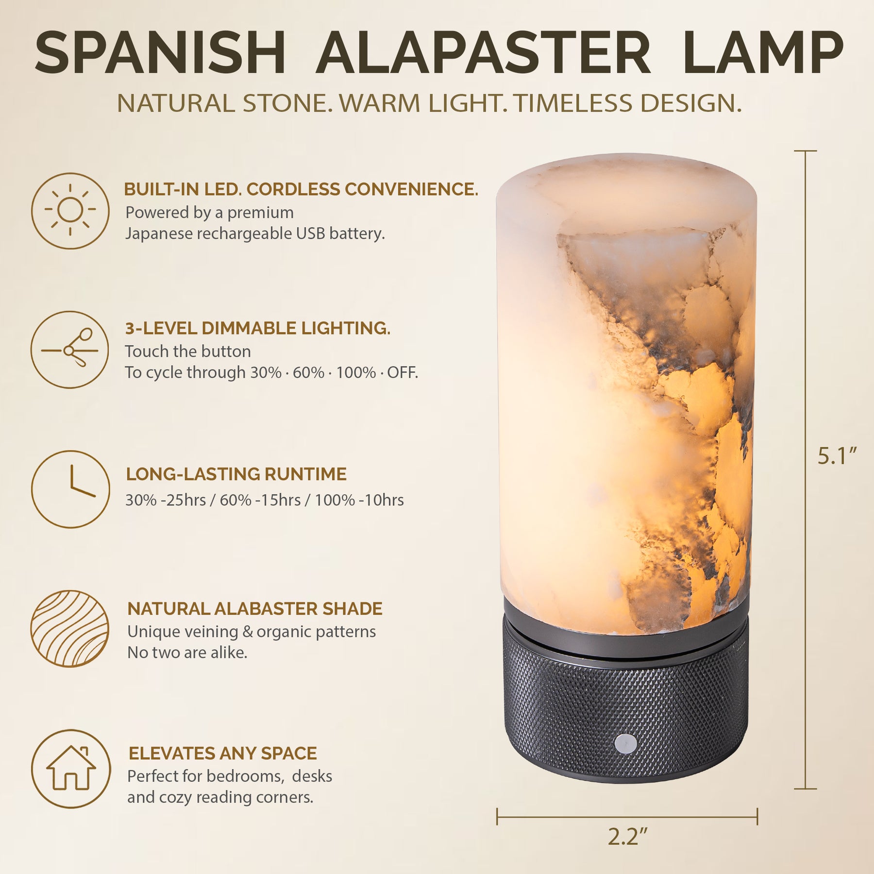 Natural Spanish Alabaster Cordless Rechargeable Table Lamp with 3-Level Dimmable Flicker-Free LED and Long-Lasting Battery Bedside Lamp
