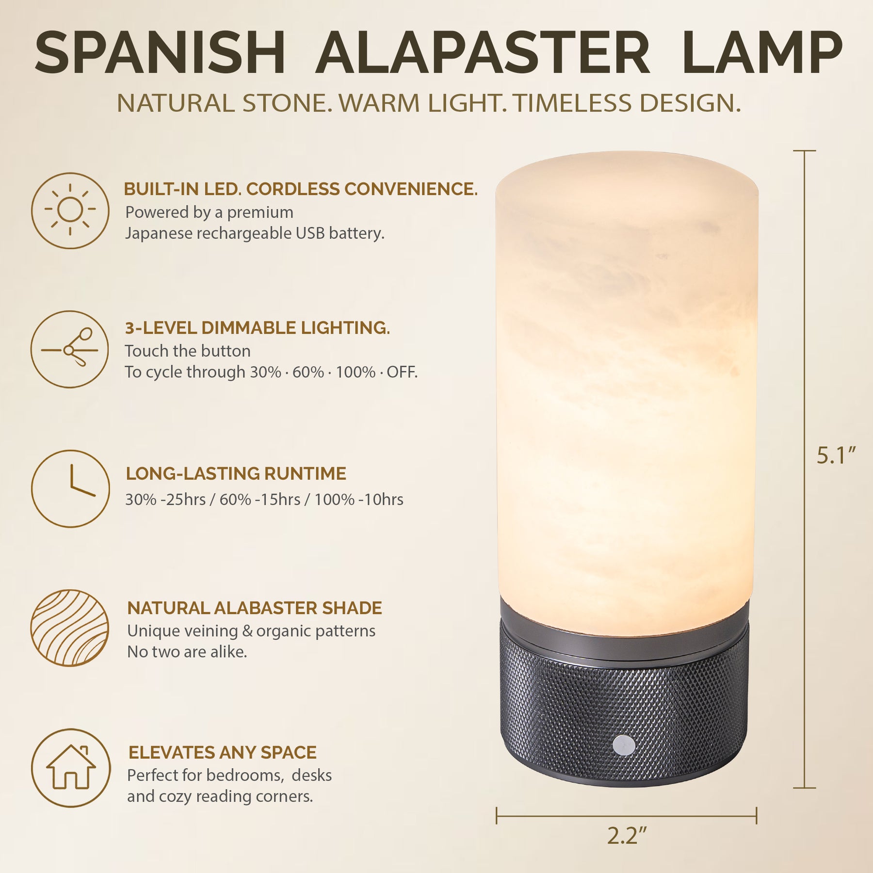 Natural Spanish Alabaster Cordless Rechargeable Table Lamp with 3-Level Dimmable Flicker-Free LED and Long-Lasting Battery Bedside Lamp