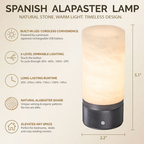 Natural Spanish Alabaster Cordless Rechargeable Table Lamp with 3-Level Dimmable Flicker-Free LED and Long-Lasting Battery Bedside Lamp