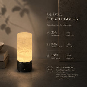 Natural Spanish Alabaster Cordless Rechargeable Table Lamp with 3-Level Dimmable Flicker-Free LED and Long-Lasting Battery Bedside Lamp