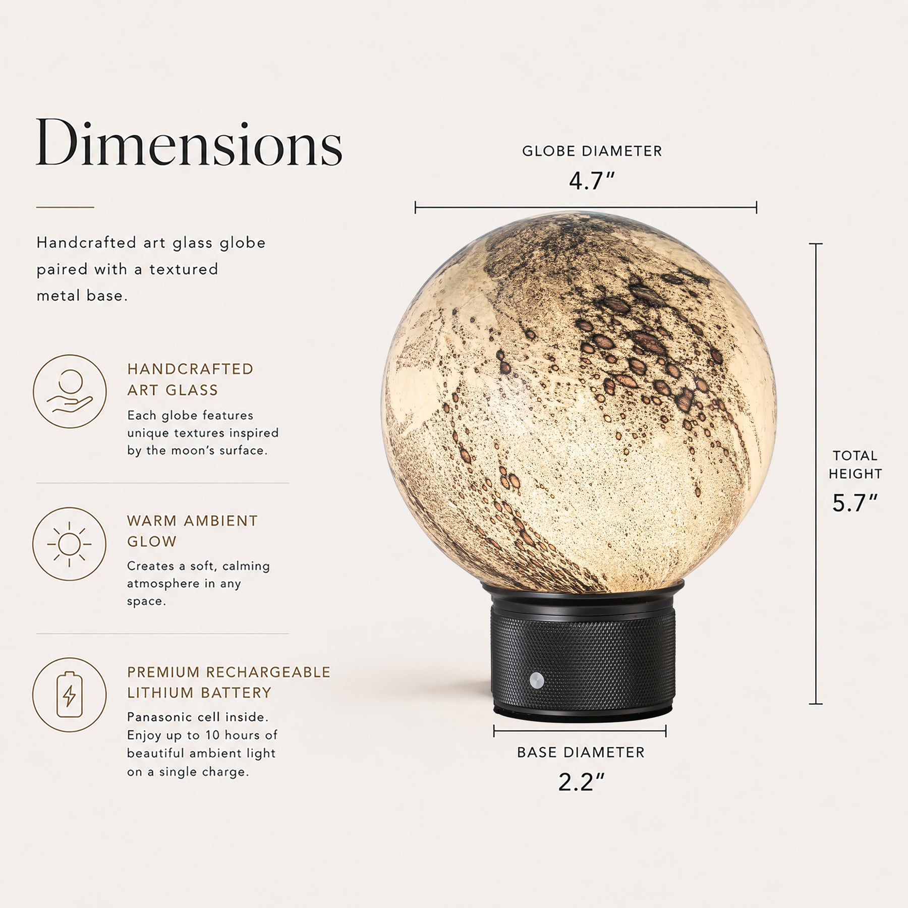 Hand-Blown Smoky Grey Glass Globe Cordless Rechargeable Table Lamp with Flicker-Free LED 3-Level Dimmable and Long-Lasting Battery Bedside Lamp