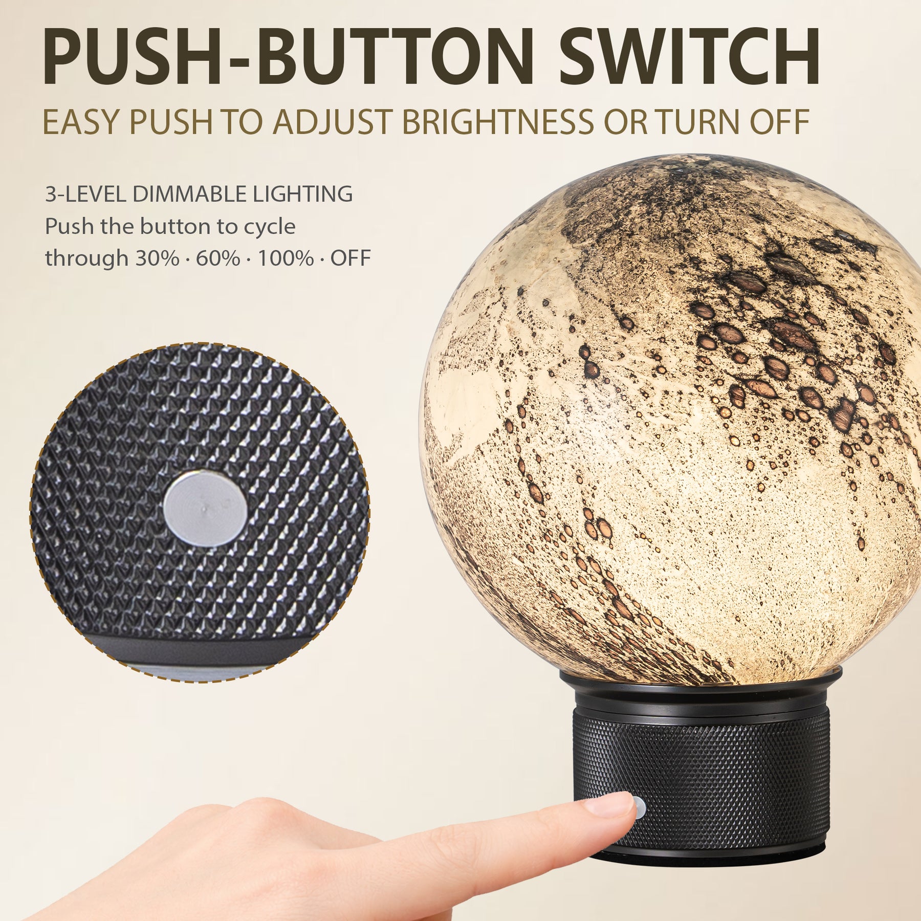 Hand-Blown Smoky Grey Glass Globe Cordless Rechargeable Table Lamp with Flicker-Free LED 3-Level Dimmable and Long-Lasting Battery Bedside Lamp