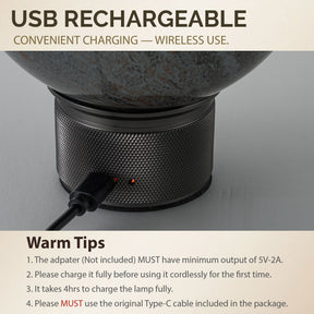 Hand-Blown Smoky Grey Glass Globe Cordless Rechargeable Table Lamp with Flicker-Free LED 3-Level Dimmable and Long-Lasting Battery Bedside Lamp